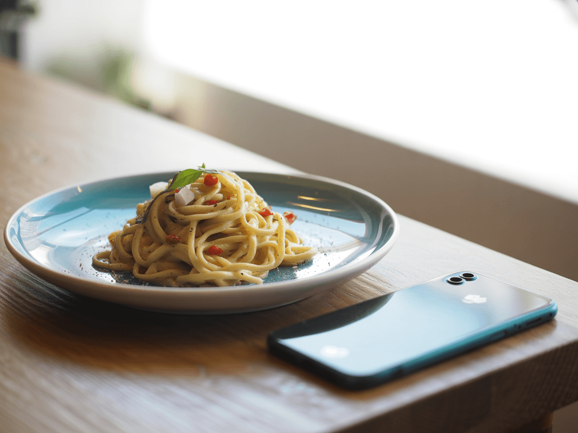 iPhone camera screen showing rule of thirds grid overlay on a plated dish for perfect food photo composition
