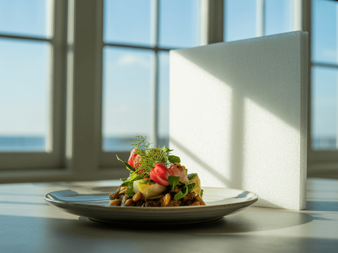 Professional food photography setup using natural window light with white foam board reflector to illuminate fresh salad