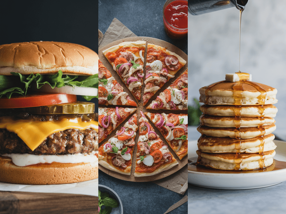 Three iPhone food photography angles comparison: 45-degree angle for burgers, overhead flat lay for pizza, eye-level shot for tall drinks