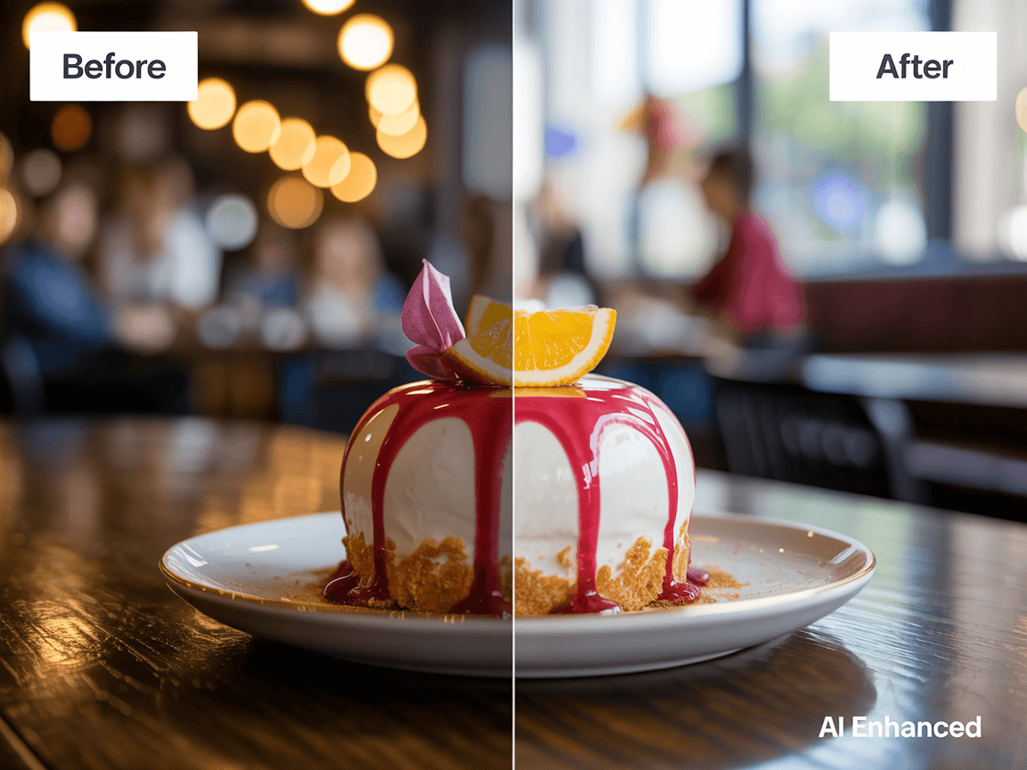 Before and after: Basic iPhone food photo transformed into professional restaurant-quality image using FoodShot AI in 90 seconds
