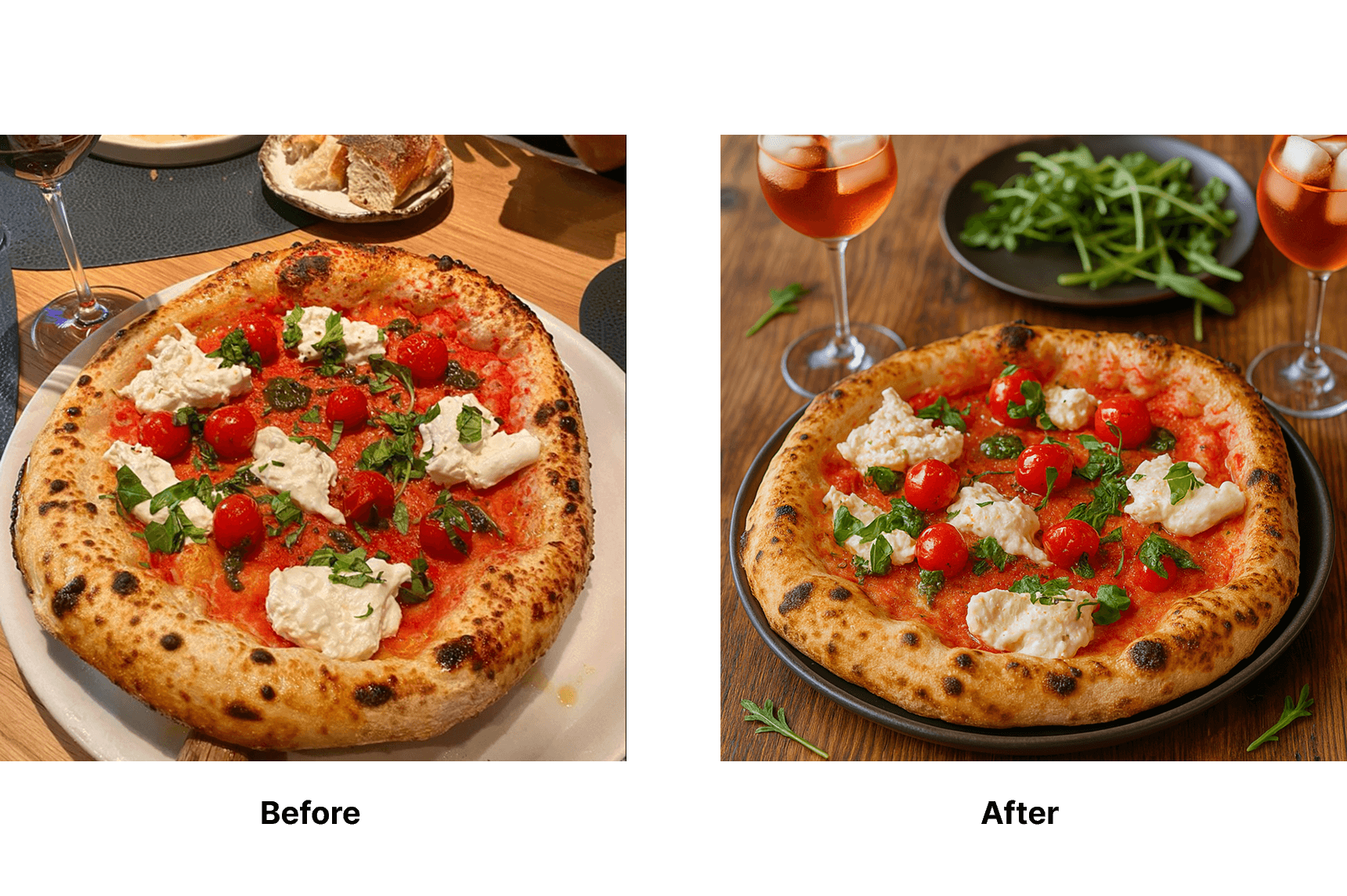 Before and after comparison of food photography - traditional vs AI enhanced
