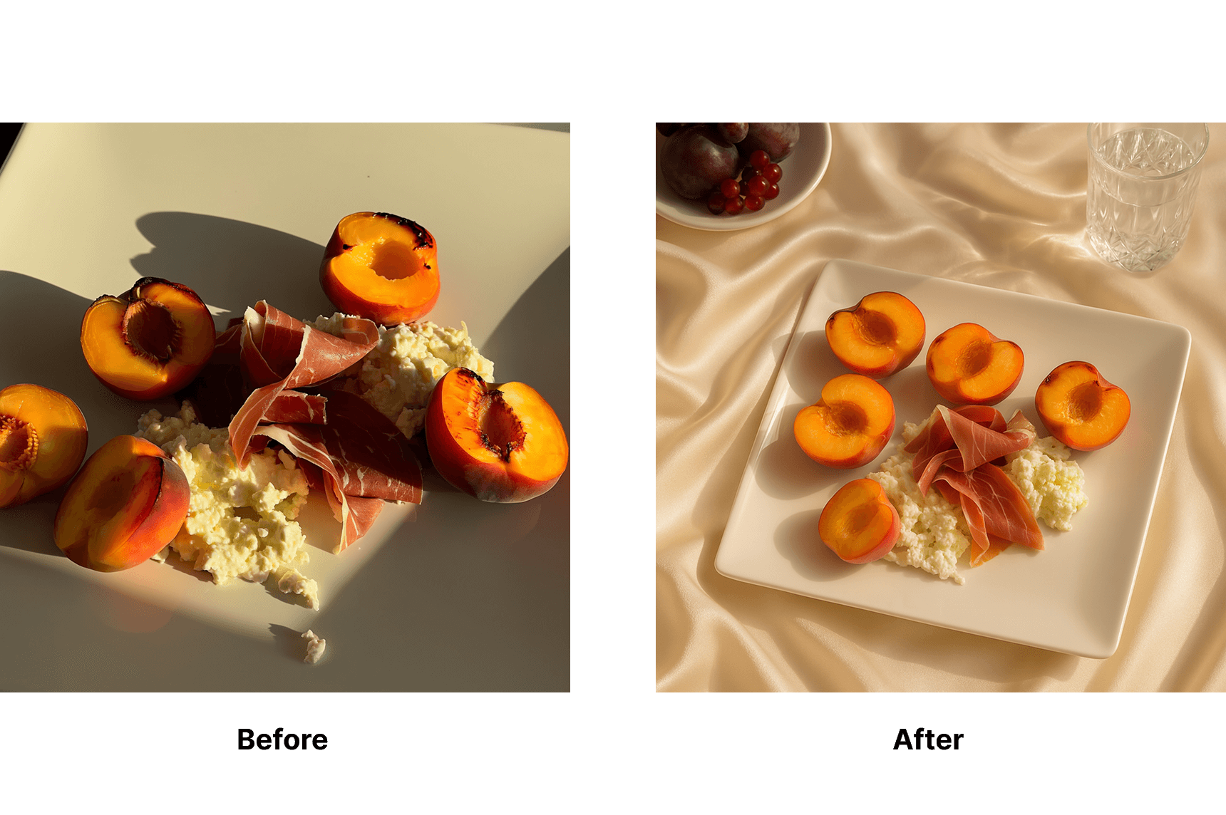 Before and after food photography comparison showing consistency improvement