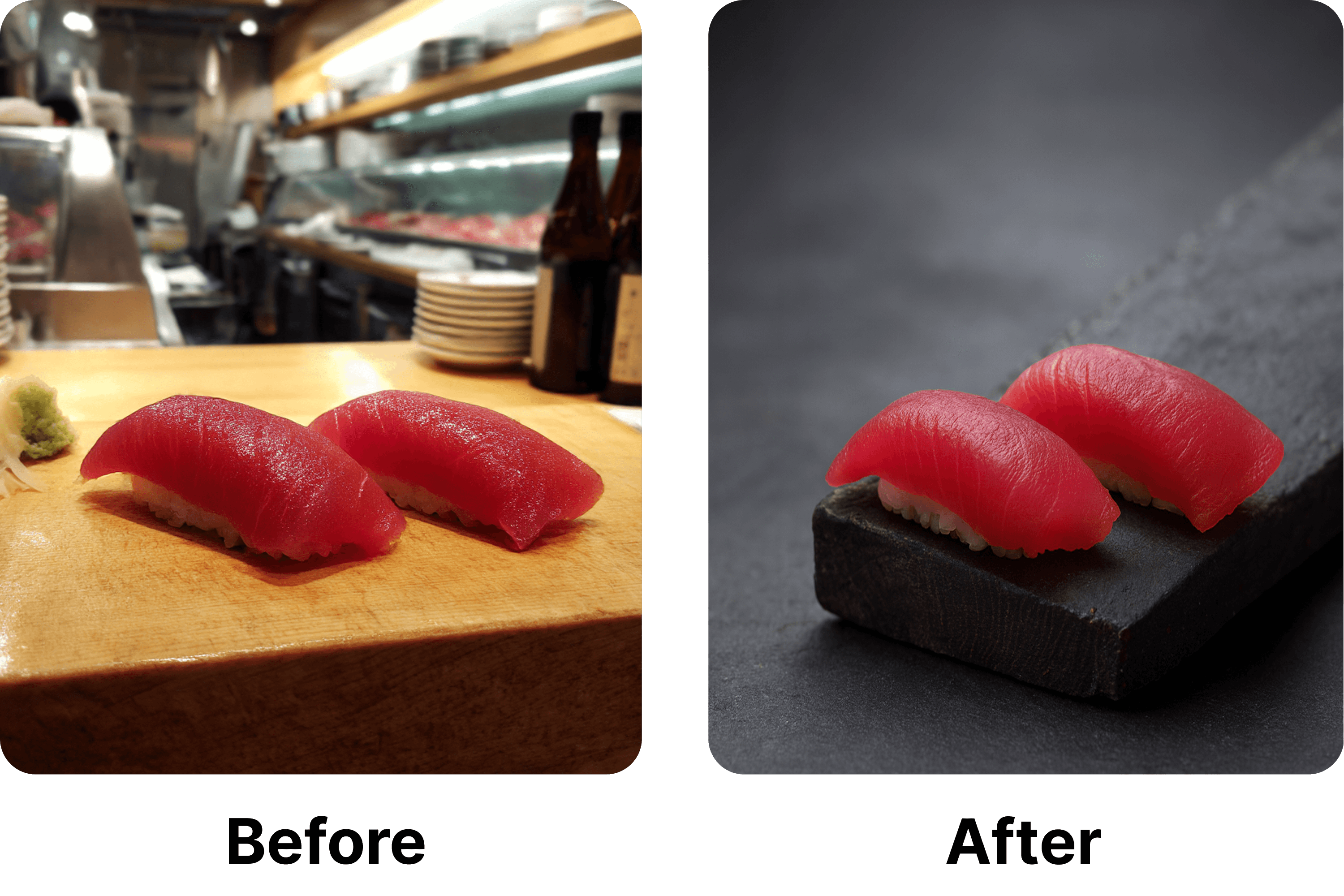 Food delivery menu photo mistakes - sushi plating for UberEats DoorDash orders before and after