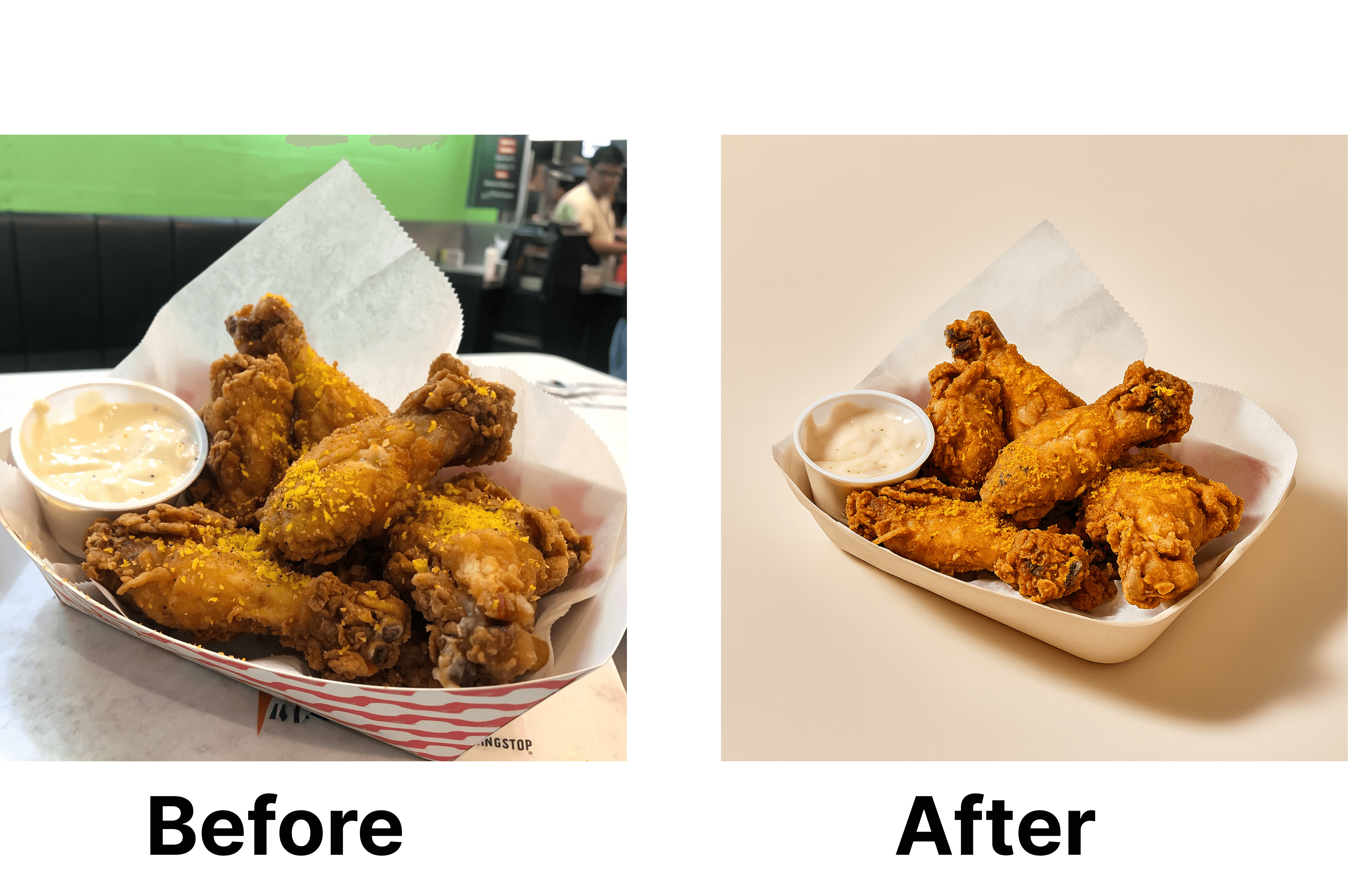 Before and after photo of crispy fried chicken wings with dipping sauce, improved lighting and background for delivery platform menus.
