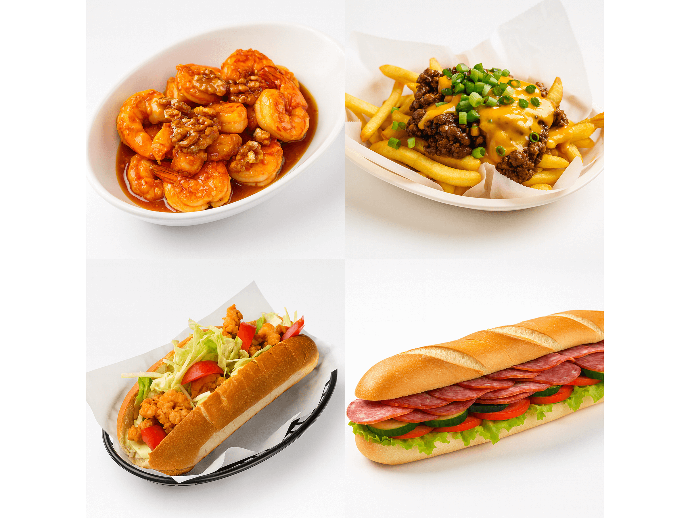 Four examples of delivery app-ready menu photos: spicy shrimp in sauce, loaded cheese fries with beef, shrimp po' boy sandwich, and Italian sub sandwich — all on clean white backgrounds.