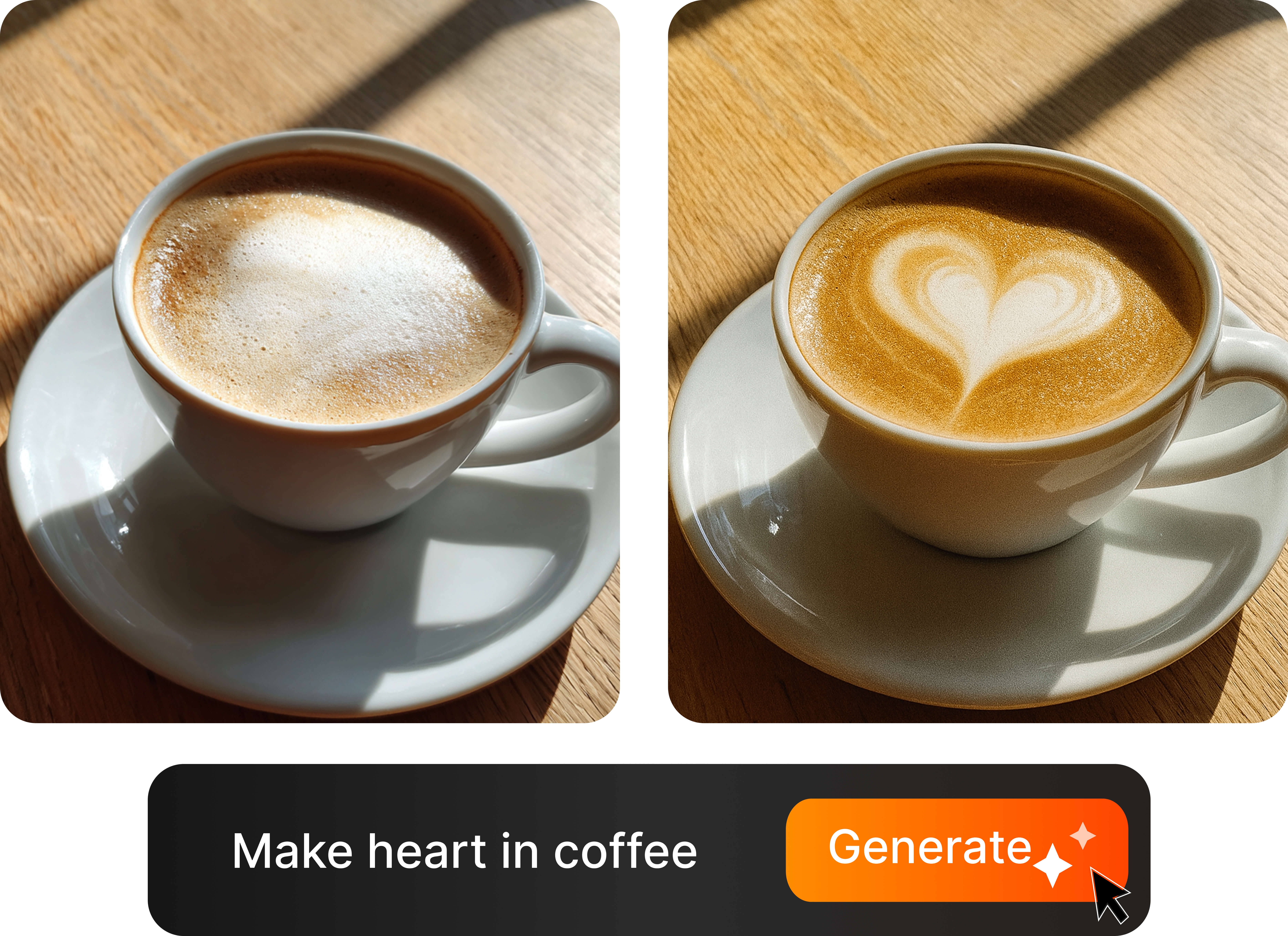 Edit with natural language: add decorative elements while keeping everything else untouched Beverage edited with 'Add foam design' command — cup, lighting and background unchanged