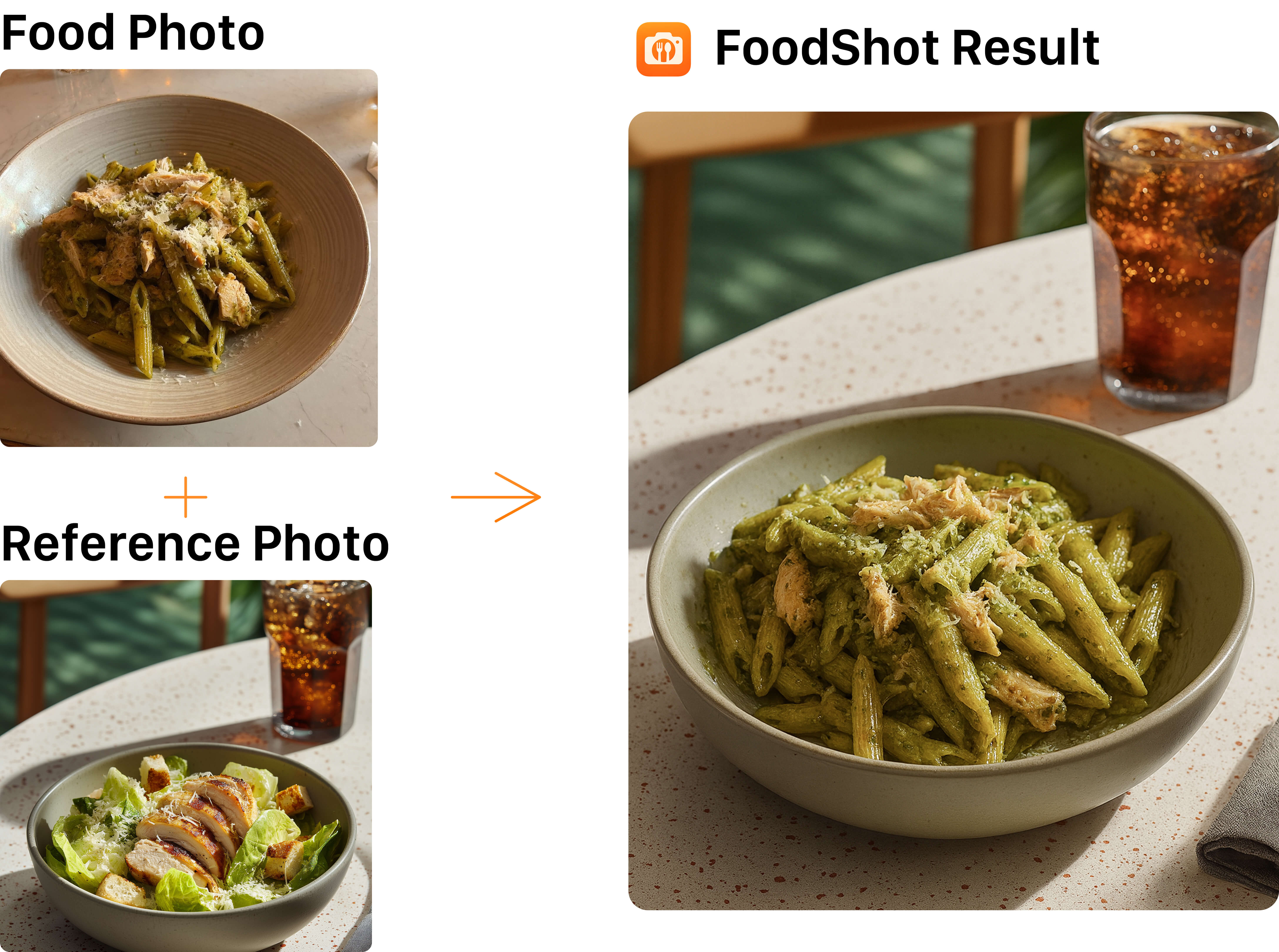 Match your cafe's aesthetic with precise reference placement Reference placement — pesto penne dish placed into the reference scene; lighting, angle and color mood cloned