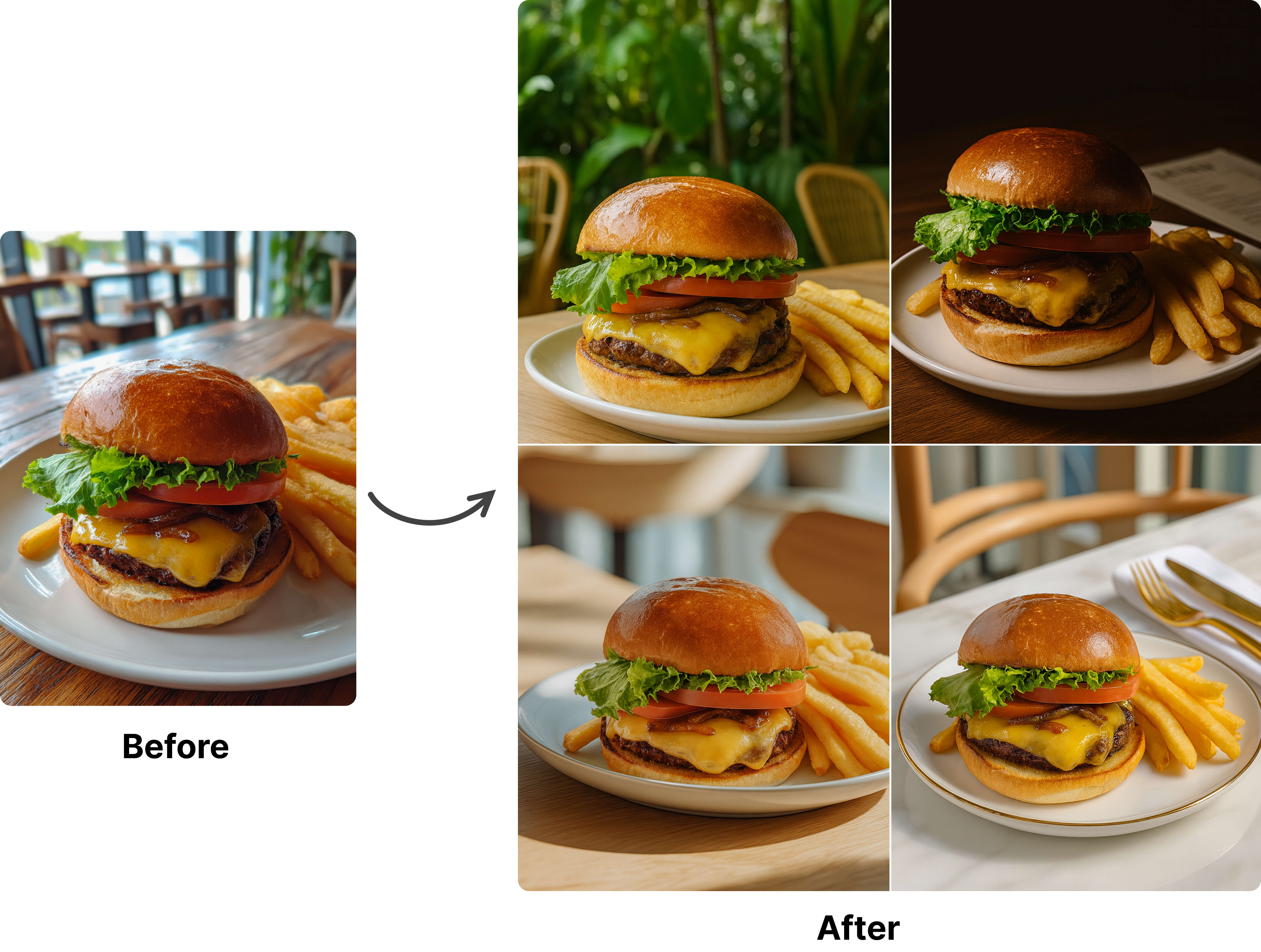 Generate multiple cafe styles from a single phone photo Cheeseburger and fries — four cafe styles from one phone photo