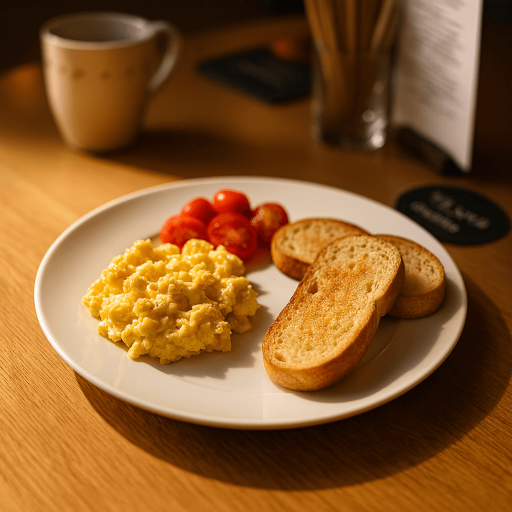 Bright breakfast cafe aesthetic with crisp shadows