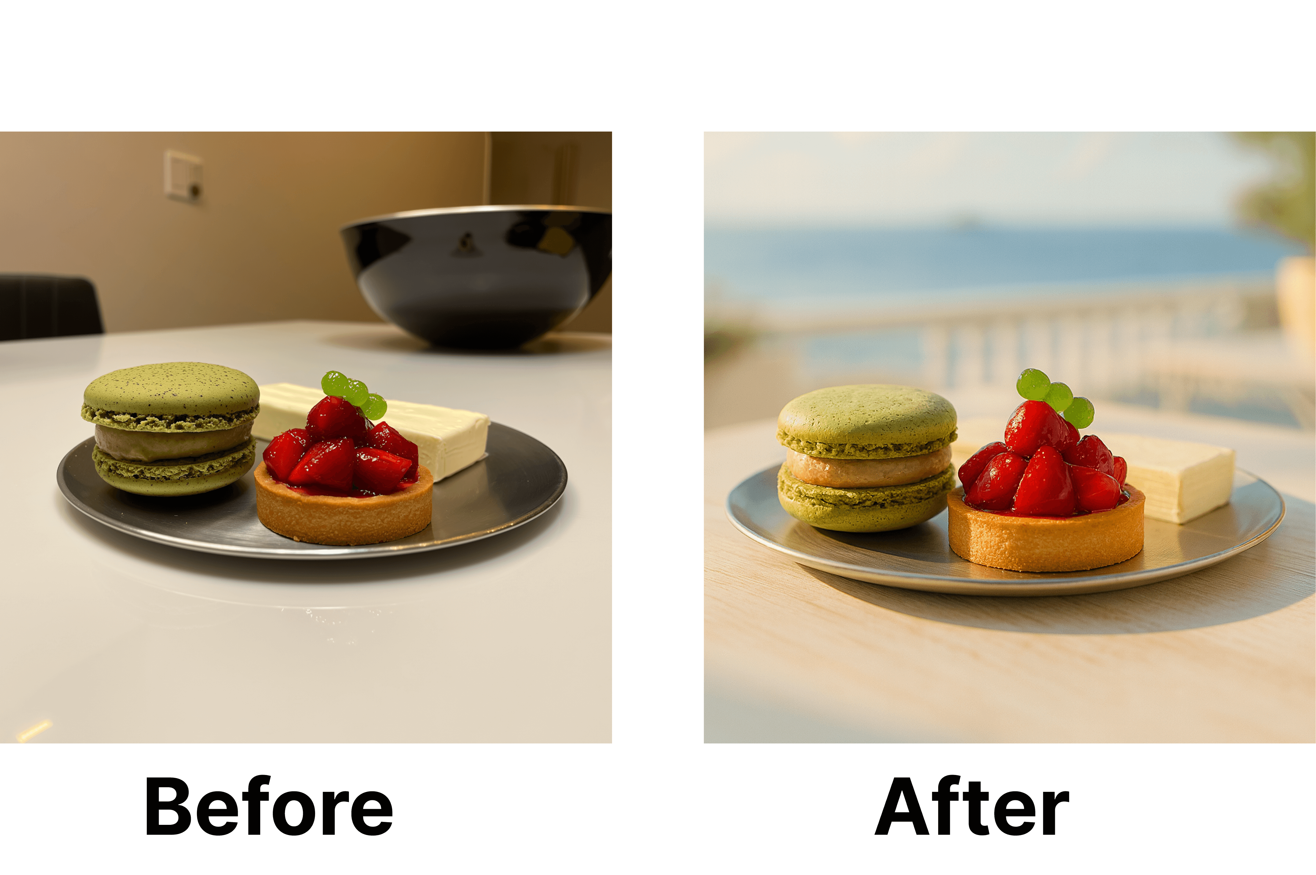 Cafe pastry photography before and after AI transformation - macaron and berry tart enhanced from simple phone photo to professional menu image