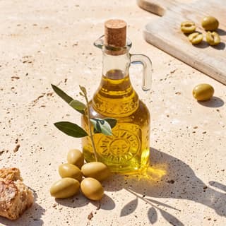 Glass olive oil cruet with green olives on sunlit travertine — Mediterranean product food photography