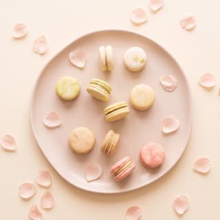 Pastelinių spalvų prancūziški migdoliniai morenginiai sausainiai švelniai rožinėje lėkštėje su rožių žiedlapiais — konditerijos prekės ženklo maisto fotografija