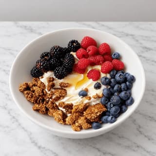 Single white bowl of toasted granola clusters over thick yogurt with fresh raspberries, blackberries and blueberries on pale marble