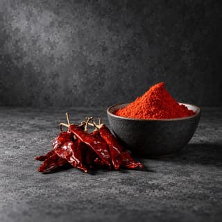 Small charcoal stoneware bowl heaped with deep red smoked paprika seasoning with whole dried chillies beside it on a dark grey concrete surface