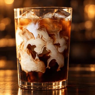 Heavy-walled clear glass of iced cold brew coffee with clear ice cubes and a swirl of cream settling through it on a polished dark wood counter