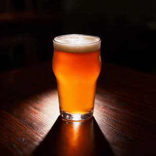 Copper amber ale pint with a creamy head on dark walnut — pint pour photography