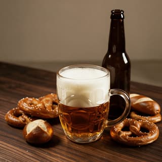 Oktoberfest lager in a dimpled mug with soft pretzels — seasonal beer photography