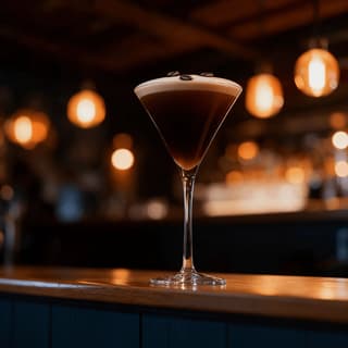 Espresso martini with coffee beans on a lit wood bar — moody cocktail bar photography