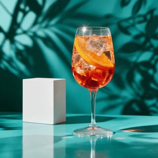 Orange aperitivo spritz on a sunlit teal set — summer cocktail menu photography