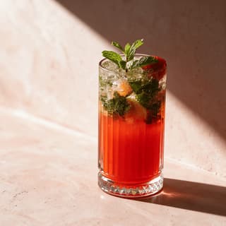Zero-proof strawberry mint cooler on blush plaster in window light — mocktail menu photography