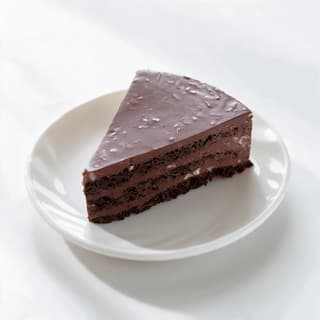 Chocolate layer cake slice on white porcelain — dessert campaign food photography