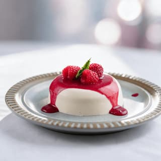 Vanilla panna cotta with raspberry coulis on white linen — plated dessert food photography