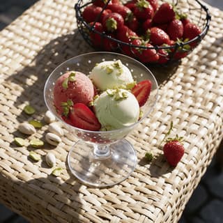 Pistachio and strawberry gelato in a glass coupe on a terrace — gelateria food photography