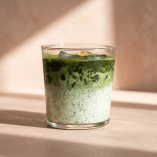 Iced matcha latte on blush plaster in soft sunlight — tea shop drink photography