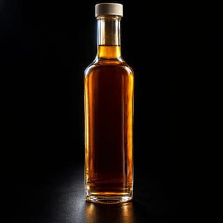 Tall unlabelled glass bottle of amber maple syrup with a plain cream cap, lit from the side against a deep black studio background