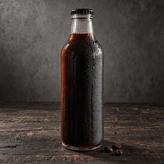 Tall unlabelled bottle of dark craft cold brew coffee with condensation beading on the glass
