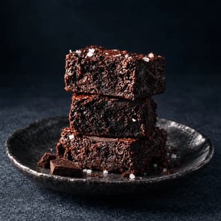 Stack of three dense fudgy brownies with flaky sea salt on a charcoal stoneware plate, their cut sides showing the glossy crumb