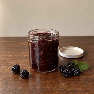 Open plain glass jar of seedy homemade blackberry jam with its white lid set aside and fresh blackberries on dark walnut
