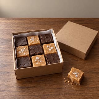 Open plain kraft box lined with parchment holding nine chocolate and salted caramel fudge squares, lid beside it, on dark walnut