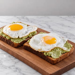 Dva silné plátky toastu s rozmačkaným avokádem, každý s volským okem s lesklým oranžovým žloutkem, na ořechovém prkénku na mramoru
