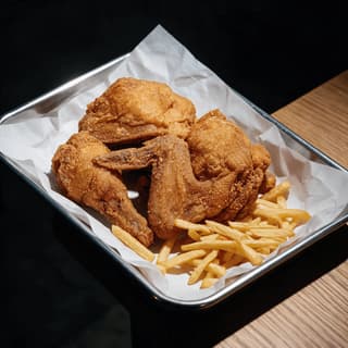 Crispy fried chicken and fries in a parchment-lined tray — fast food chicken menu photography