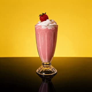 Strawberry milkshake with whipped cream on a yellow set — fast food dessert menu photography