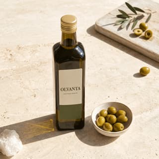 Olive oil bottle with green olives on sunlit travertine — tasting event poster photography