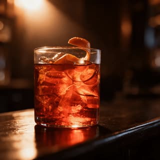 Negroni on a dark wood bar counter — hotel bar drinks photography
