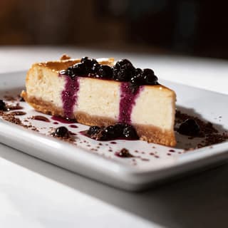 Blueberry cheesecake slice on white porcelain — banquet dessert food photography