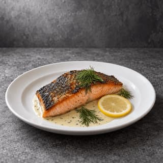 Single pan-seared salmon fillet with a pale lemon butter sauce and fresh dill on a plain white plate under neutral daylight