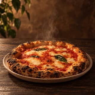 Whole wood fired margherita pizza fresh from the oven with visible steam rising off the molten mozzarella
