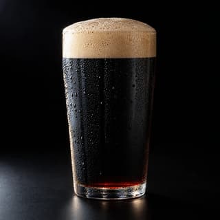 Single tall glass of dark stout with a dense creamy head and cold condensation beading down the glass