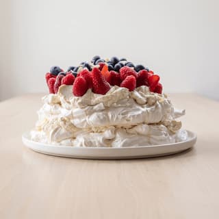 Berry pavlova with whipped cream on pale wood — seasonal campaign dessert photography