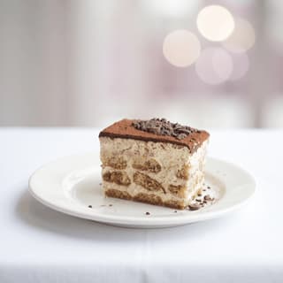 Tiramisu slice dusted with cocoa on white linen — restaurant dessert food photography