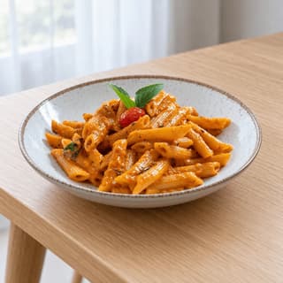 Single speckled bowl of penne in a creamy orange-pink tomato vodka sauce with a basil sprig and a cherry tomato in soft window light