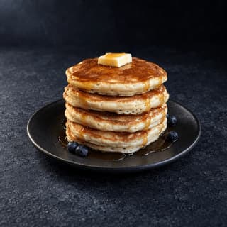 Single tall stack of buttermilk pancakes with a melting butter pat, maple syrup running down the sides and fresh blueberries