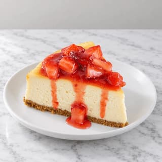 Single tall slice of baked New York cheesecake with chunky strawberry compote dripping down its face on a white plate on white marble