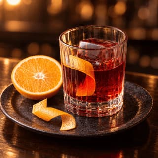 Single negroni in a cut rocks glass over one large clear ice cube with an orange twist, an orange half and a curl of peel beside it on a dark plate at a warm-lit bar