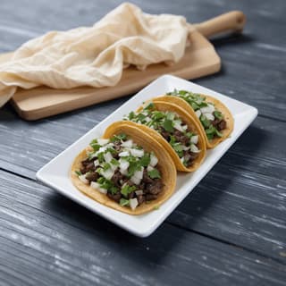 Three carne asada street tacos on a charcoal plank table — food truck food photography