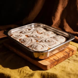 Iced cinnamon rolls in a baking pan on olive wood — home bakery food photography